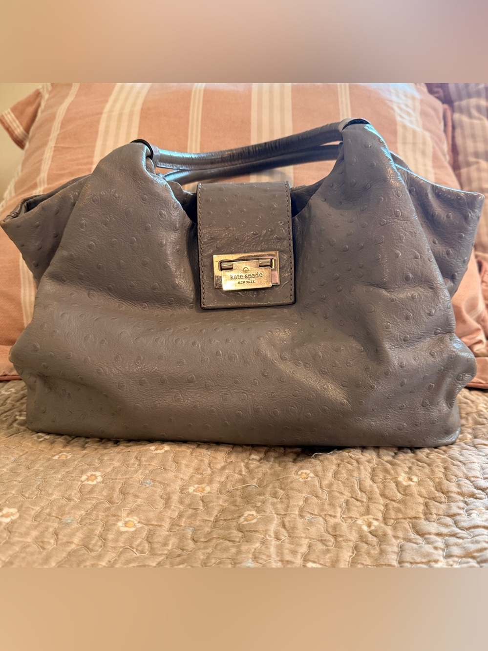 Kate Spade Gray Ostrich-Embossed Leather Shoulder Bag - Picture 2 of 15